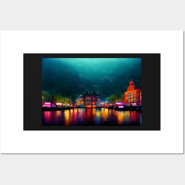 Neon Amsterdam City Skyline In Neonlight / Amsterdam City silhouette Wall Art by Unwind-Art-Work